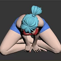 3D Character With Blue Hair Red Sports Bra Blue Shorts Cross Legged Sitting Black Floor