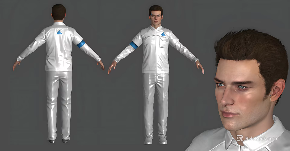 Male Character 3D Design In White Uniform With Blue Emblem Stripes And Angles 3d model 