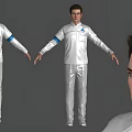Male Character 3D Design In White Uniform With Blue Emblem Stripes And Angles