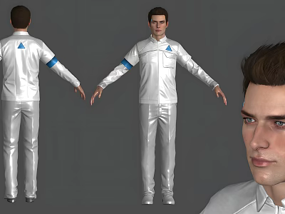 Male Character 3D Design In White Uniform With Blue Emblem Stripes And Angles 3d model