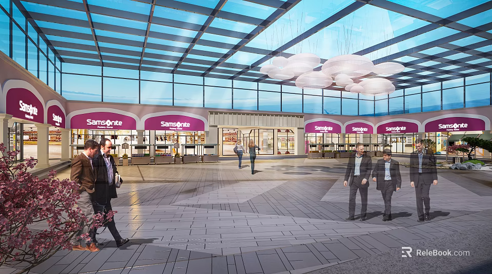 Glass Roof Plaza With Purple Spargo's Signage People Walking On Stone Paved Ground 3d model 