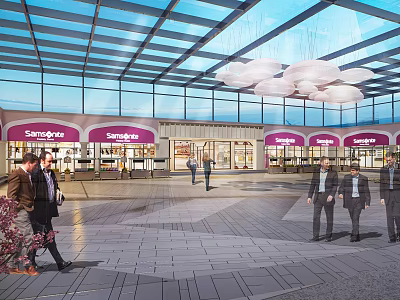 Glass Roof Plaza With Purple Spargo's Signage People Walking On Stone Paved Ground 3d model