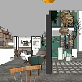 Coffee Shop Interior With Green Wall White Counter Colorful Chairs Staircase And Wooden Decor