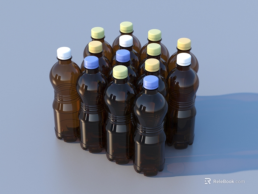 Everyday Household Plastic Bottles Brown Containers With White Yellow Blue Caps For Daily Use 3d model 