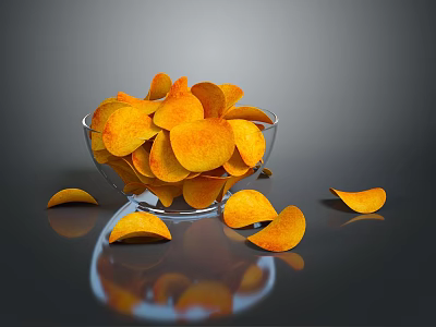 Orange Potato Chips In Transparent Bowl With Scattered Pieces And Reflection On Dark Background 3d model