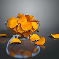 Orange Potato Chips In Transparent Bowl With Scattered Pieces And Reflection On Dark Background