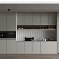 Modern Light Gray Kitchen With Built in Appliances Countertop Tile Backsplash And Cabinets