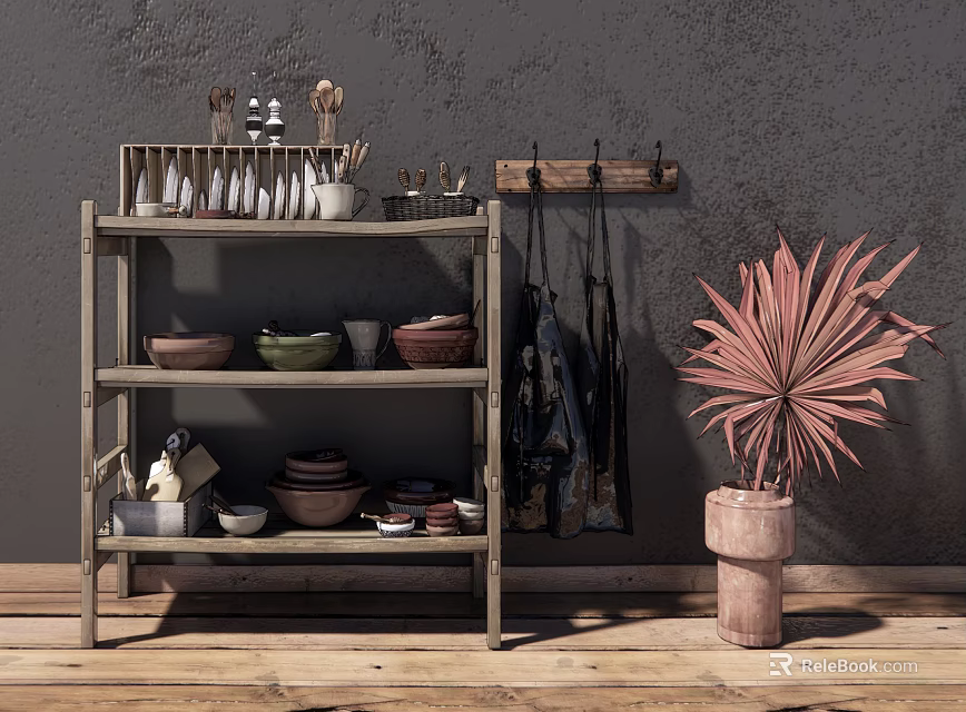Rustic Dinnerware Collection Displayed on Wooden Shelf with Gray Wall and Terracotta Plant Pot 3d model 