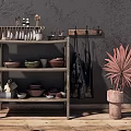 Rustic Dinnerware Collection Displayed on Wooden Shelf with Gray Wall and Terracotta Plant Pot