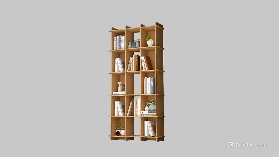 Wooden Display Cabinet with Multiple Grid Shelves Showcasing Books Vases and Green Plants 3d model 