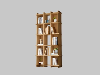 Wooden Display Cabinet with Multiple Grid Shelves Showcasing Books Vases and Green Plants 3d model
