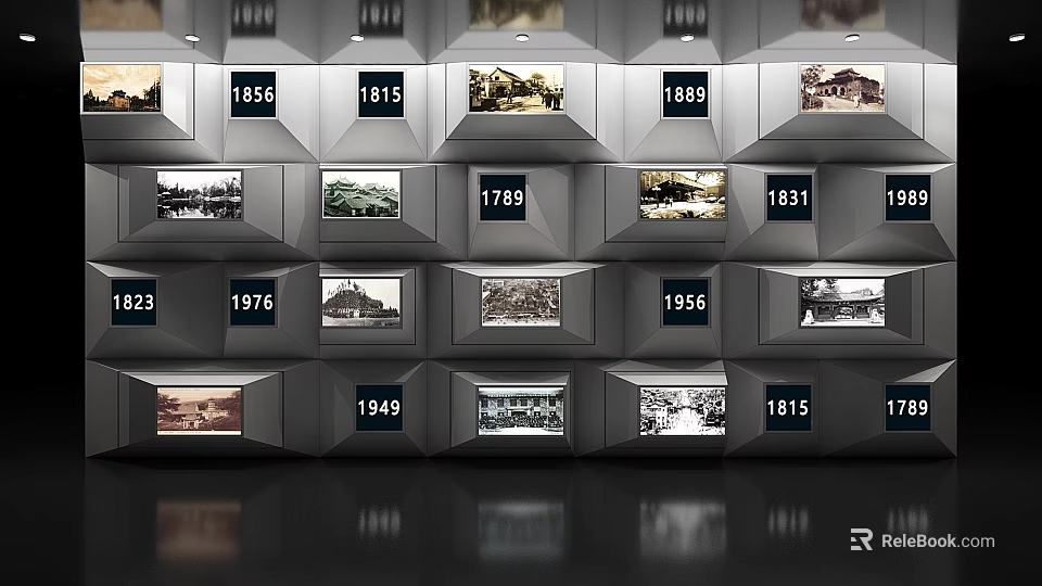 Exhibition Hall Displaying Historical Photos with Year Markings Including 1815 1795 1931 1949 3d model 