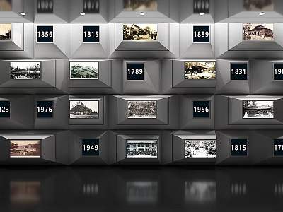 Exhibition Hall Displaying Historical Photos with Year Markings Including 1815 1795 1931 1949 3d model
