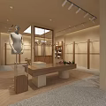 Modern Cozy Clothing Store Interior With Wooden Racks Round Decor Hanging Lights And Mirrors