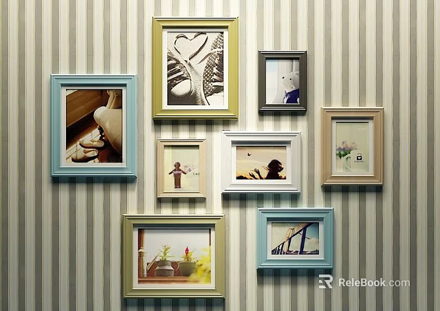 Colorful Photo Frames With Various Photos Collage Arranged On Striped Wall 3d model 