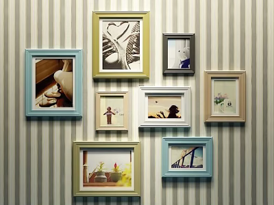Colorful Photo Frames With Various Photos Collage Arranged On Striped Wall 3d model