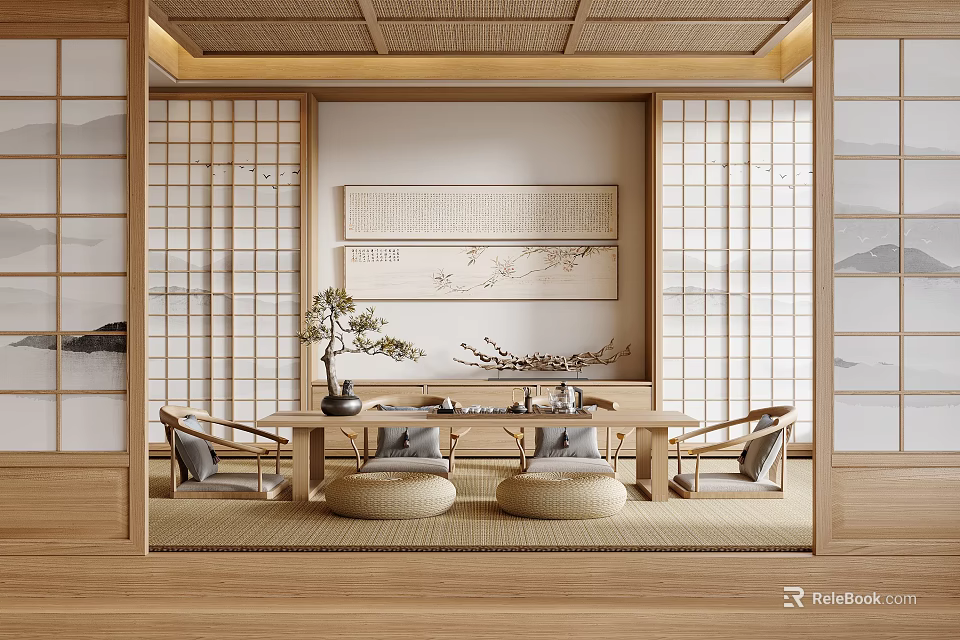 Japanese Tea Room Interior With Wooden Table Floor Cushions Lattice Doors And Tea Sets 3d model 