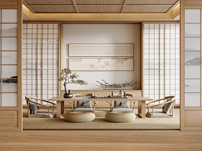 Japanese Tea Room Interior With Wooden Table Floor Cushions Lattice Doors And Tea Sets 3d model
