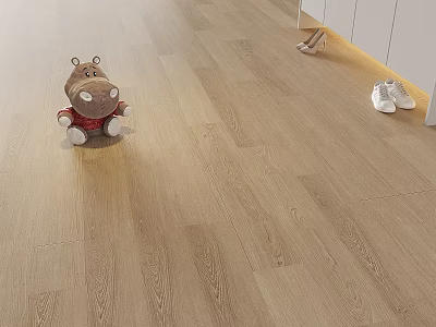 Light Brown Wooden Floor With Clear Grain Featuring Hippo Doll White Shoes And Cabinets 3d model