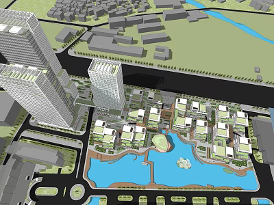 3D Urban Planning Model Featuring Tall Buildings Water Area And Green Spaces 3d model