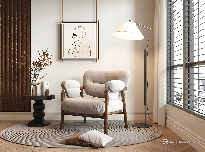 Modern Accent Chair In Living Space With Floor Lamp Round Rug Side Table And Wall Art 3d model 