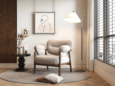 Modern Accent Chair In Living Space With Floor Lamp Round Rug Side Table And Wall Art 3d model