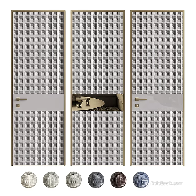 Modern Three Leaf Swing Doors With Perforated Mesh And Gold Frame Design 3d model