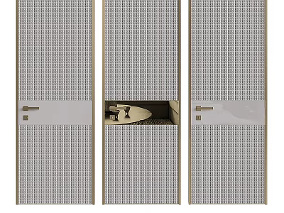 Modern Three Leaf Swing Doors With Perforated Mesh And Gold Frame Design 3d model
