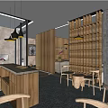 Modern Restaurant Interior With Wooden Counter Art Paintings And Pendant Lights