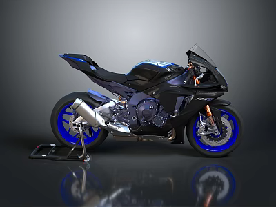 Black and Blue Sport Motorcycle with Sleek Design Blue Wheels Exhaust and Stand 3d model