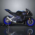 Black and Blue Sport Motorcycle with Sleek Design Blue Wheels Exhaust and Stand