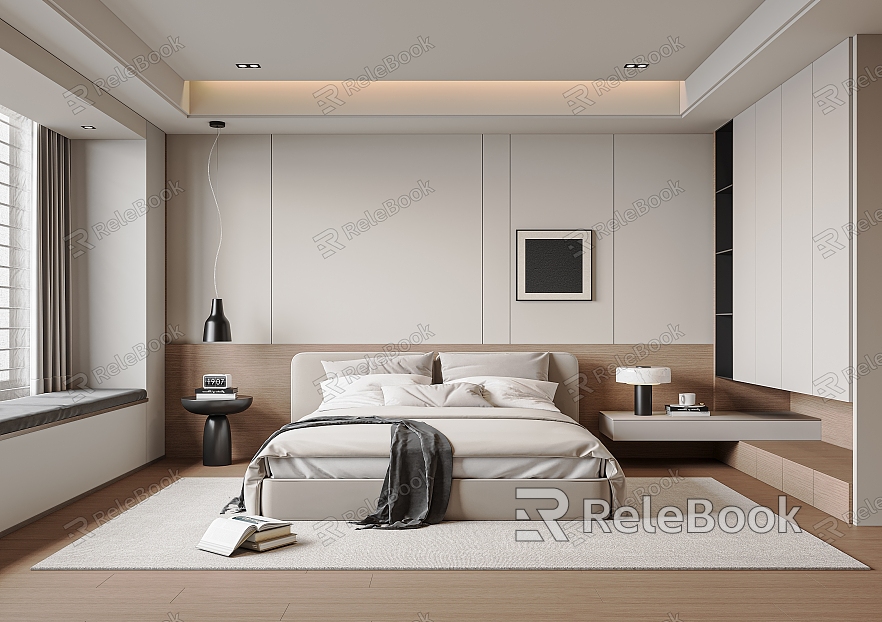 Modern Bedroom Double Bed Wardrobe Painting Carpet Table Lamp Ornaments Bedside Table Chandelier Background Wall model