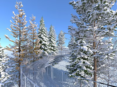 Snow Covered Pine Trees Surrounding Glass Walkway In Winter Scenic View 3d model