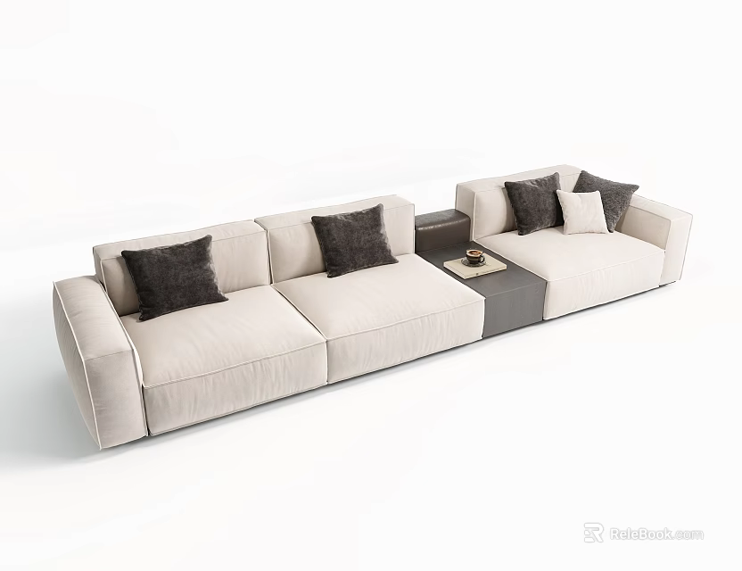 Modern Light Beige Sectional Sofa With Dark Cushions And Side Table 3d model