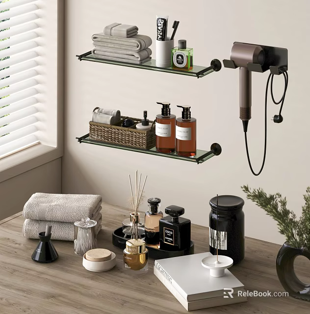 Stylish Bathroom Set Featuring Glass Shelves Hair Dryer Towels Bath Products And Green Plants 3d model 