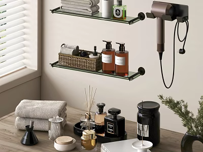 Stylish Bathroom Set Featuring Glass Shelves Hair Dryer Towels Bath Products And Green Plants 3d model