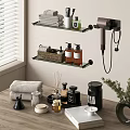 Stylish Bathroom Set Featuring Glass Shelves Hair Dryer Towels Bath Products And Green Plants