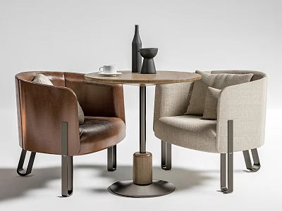 Modern Round Table Set With Brown Leather And Beige Fabric Chairs Wooden Top Metal Base 3d model