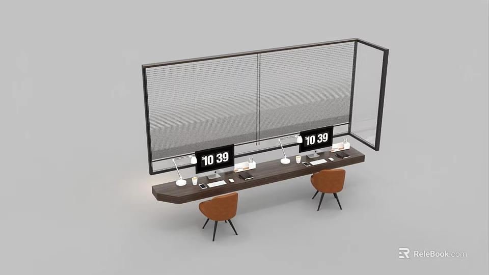 Modern Office Desk With Mesh Screen Divider Two Brown Chairs Digital Clocks And Lamps 3d model 