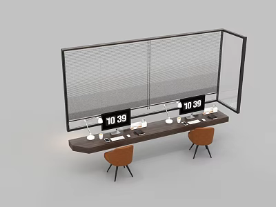 Modern Office Desk With Mesh Screen Divider Two Brown Chairs Digital Clocks And Lamps 3d model