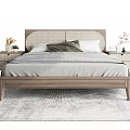 Modern Double Bed With Wooden Frame Upholstered Headboard Nightstands Decorative Vases And Area Rug