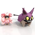 3D Animated Cartoon Characters With Pink Curly Hair Sunglasses Purple Body Pointed Ears Yellow Eyes