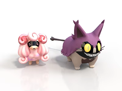 3D Animated Cartoon Characters With Pink Curly Hair Sunglasses Purple Body Pointed Ears Yellow Eyes 3d model