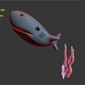 Adorable Blue Whale Accompanied by Soft Pink Coral with Clear Reflection on Gray Background
