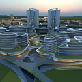 Aerial View Urban Planning With River Red Bridge Buildings Roads And Green Spaces