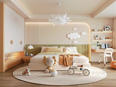 Cozy Kids Room Interior With Cloud Chandelier Stuffed Toy Tricycle Bed And Soft Rug 3d model