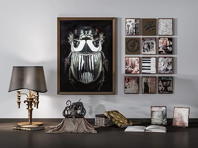 Decorative Ornament Set With Framed Beetle Art Multiple Wall Pictures Table Lamp And Open Book 3d model