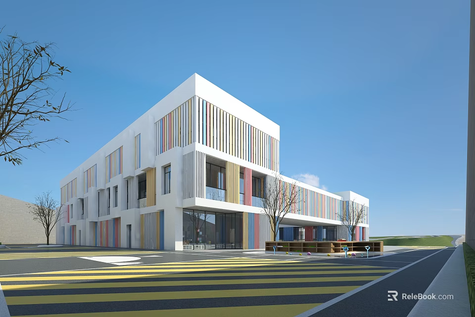 Modern School Building With White Exterior Colorful Stripes And Trees Near Entrance Zebra Crossing 3d model 