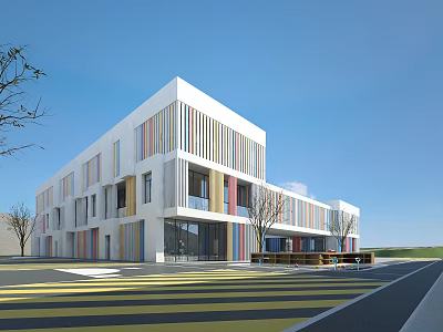 Modern School Building With White Exterior Colorful Stripes And Trees Near Entrance Zebra Crossing 3d model