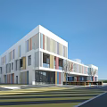 Modern School Building With White Exterior Colorful Stripes And Trees Near Entrance Zebra Crossing